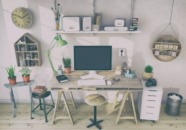 3D render - İskandinav nordic ev ofis - retro bak