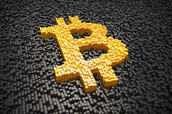 3D render - küpleriyle yapılan pixelated bitcoin sembolü - altın