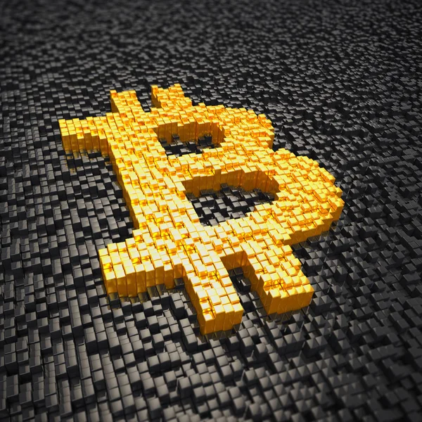 3D render - küpleriyle yapılan pixelated bitcoin sembolü - altın