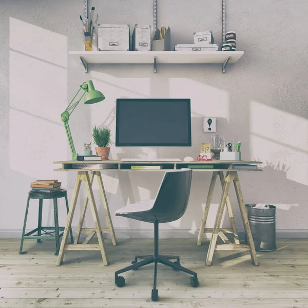 3D render - İskandinav nordic ev ofis - retro bak