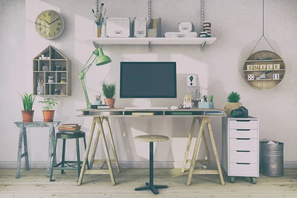 3D render - İskandinav nordic ev ofis - retro bak