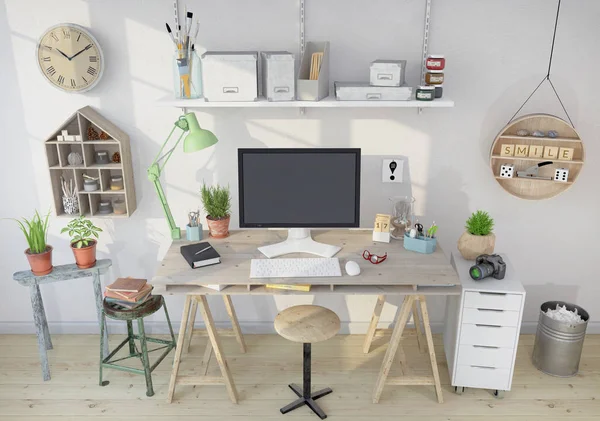 3d render - scandinavian nordic home office — Stock Photo, Image