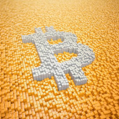 3D render - küpleriyle - turuncu yapılan pixelated bitcoin sembolü