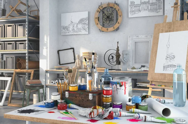 3D render - artistieke apparatuur in een studio — Stockfoto