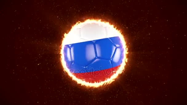 ロシア 2018年サッカー 回転ロシア国旗と燃焼サッカー 世界のスポーツ イベントです ビデオ アニメーション — ストック動画