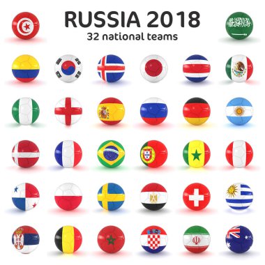 ülke bayrakları ile 3D render - Rusya 2018 - 32 futbol topları