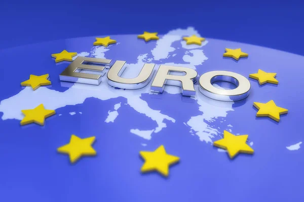 3D рендеринг - металлический текст евро и карта Европы — стоковое фото