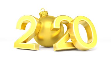 2020 sayısının 3D görüntüsü ve altın bir noel ağacı.