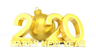 2020 sayısının 3D görüntüsü ve altın bir noel ağacı.