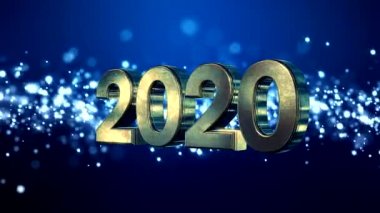 Noel 'in video animasyonu altın ışık parçacıkları mavi arka planda parlıyor ve 2020 rakamları yeni yılı temsil ediyor - tatil kavramını.