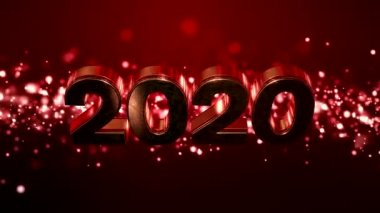 Kırmızı zemin üzerinde parlayan altın ışık parçacıklarının video animasyonu ve 2020 rakamları yeni yılı temsil ediyor - tatil kavramı.