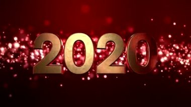 Kırmızı zemin üzerinde parlayan altın ışık parçacıklarının video animasyonu ve 2020 rakamları yeni yılı temsil ediyor - tatil kavramı.