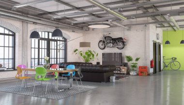 Geniş pencereli modern bir çatı katının 3D görüntülemesi