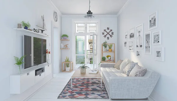 3d render of a scandinavian, nordic living room — 스톡 사진