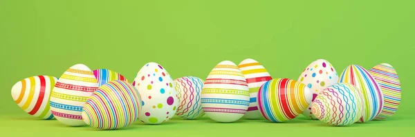 3d render - 13 ovos de Páscoa colorfu em fundo verde — Fotografia de Stock