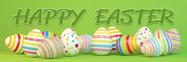 3d render - huevos de Pascua de colores sobre un fondo verde — Foto de Stock