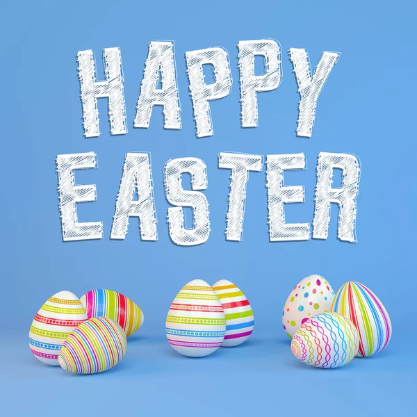 3d render - huevos de Pascua de colores sobre un fondo azul — Foto de Stock