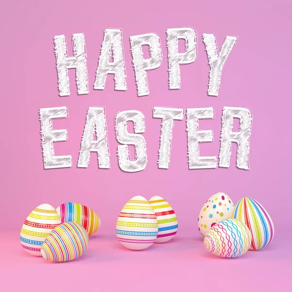 3d render - huevos de Pascua de colores sobre un fondo rosa — Foto de Stock