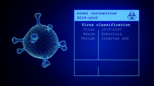 Videoanimation Des Coronavirus Mit Merkmalen Und Merkmalen Auf Blauem Hintergrund — Stockvideo