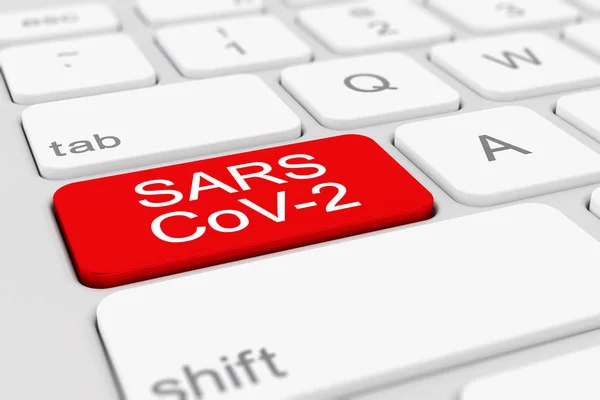 3D-Darstellung einer Tastatur mit roter Taste - Sars-Cov-2 — Stockfoto