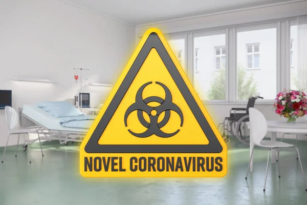 3d визуализация желтого предупреждающего знака для биологических опасностей и сообщение нового коронавируса — стоковое фото