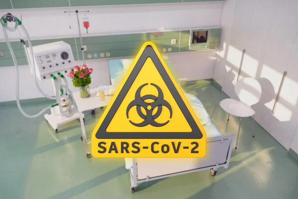 3d visualizzazione di un segnale di avvertimento giallo per i pericoli biologici e del messaggio SARS-CoV-2 — Foto Stock