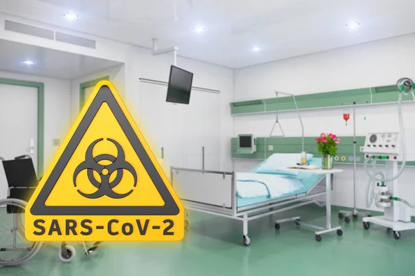 3d visualizzazione di un segnale di avvertimento giallo per i pericoli biologici e del messaggio SARS-CoV-2 — Foto Stock