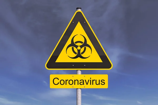 3D渲染一个黄色的生物危害警告标志和Coronavirus消息 背景是灰蒙蒙的天空 乌云密布 — 图库照片
