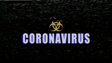 Gürültülü bir televizyon ekranının video animasyonu ve Coronavirus mesajı. Hata etkisinden kaynaklanıyor. Soyut arkaplan.