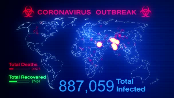 世界地図のビデオアニメーションは コロナウイルスの発生を示す 感染者の数 — ストック動画