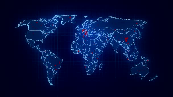 感染した場所の赤い点を持つコロナウイルスの発生を示す世界地図のビデオアニメーション — ストック動画