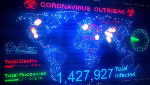 Återgivning Världskarta Som Visar Utbrottet Coronavirus Med Antal Personer Infekterade — Stockfoto