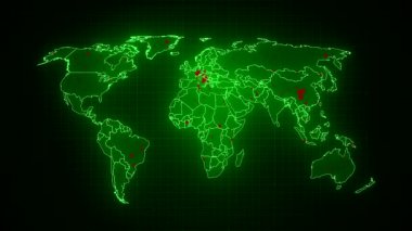 Koronavirüsün salgınını gösteren bir dünya haritasının video animasyonu - enfekte olmuş bölgelerin kırmızı noktalarıyla -