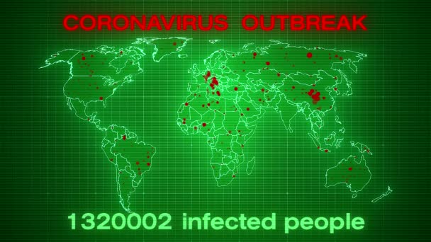 Видеоанимация Карты Мира Показывающая Вспышку Коронавируса Числом Инфицированных Экран — стоковое видео