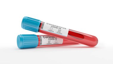İki kan toplama tüpünün 3D görüntülemesi beyaz arka plan üzerinde Coronavirus (covid-2019) testi pozitif ve negatif çıktı