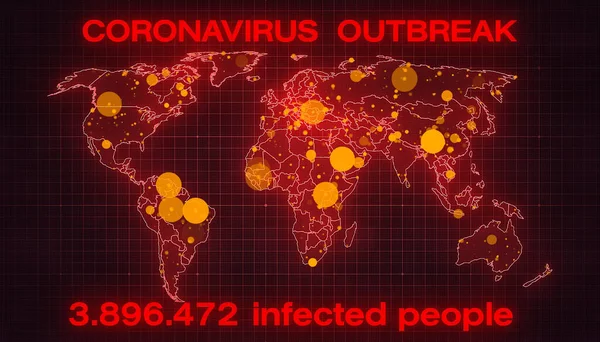 Renderização Mapa Mundo Mostrando Surto Coronavírus Com Número Pessoas Infectadas — Fotografia de Stock