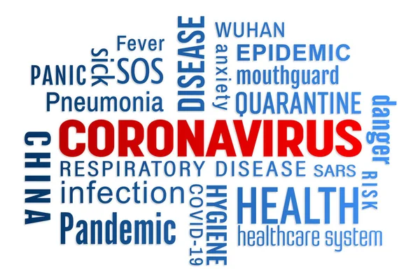 白い背景に青と赤の文字が入ったキーワード雲のイラスト Coronavirus Covid Sars Cov — ストック写真