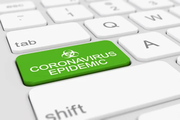 带有绿色键的键盘的3D渲染和Coronavirus流行病的消息 — 图库照片