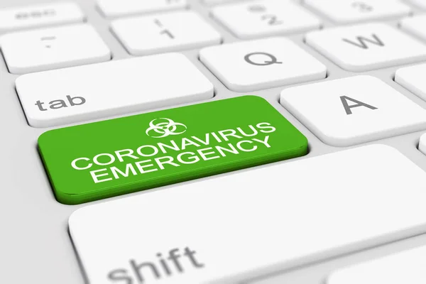带有绿色键的键盘的3D渲染和消息Coronavirus紧急情况 — 图库照片