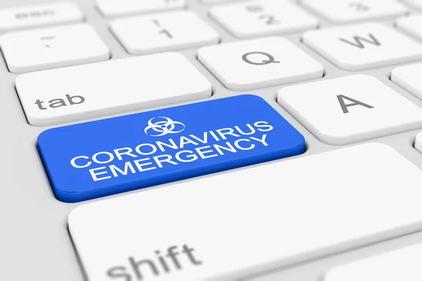 带有蓝色键的键盘的3D渲染和消息Coronavirus紧急情况 — 图库照片