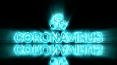 Siyah arkaplanda mavi yazı tipiyle Coronavirus mesajının video animasyonu - kusursuz döngü