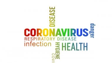 Beyaz arkaplan üzerinde renkli metin bulunan bir anahtar kelime bulutunun video animasyonu - Coronavirus - Covid-19 - Sars-Cov-2