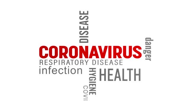 Animation vidéo d'un nuage de mots clés avec du texte rouge et gris sur fond blanc - Coronavirus - Covid-19 - SRAS-CoV-2 