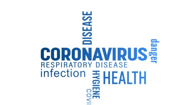 Animation vidéo d'un nuage de mots clés avec du texte bleu sur fond blanc - Coronavirus - Covid-19 - SRAS-CoV-2 