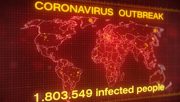 Illustation World Map Showing Outbreak Coronavirus Numbers People Infected Screen — Stock Photo, Image