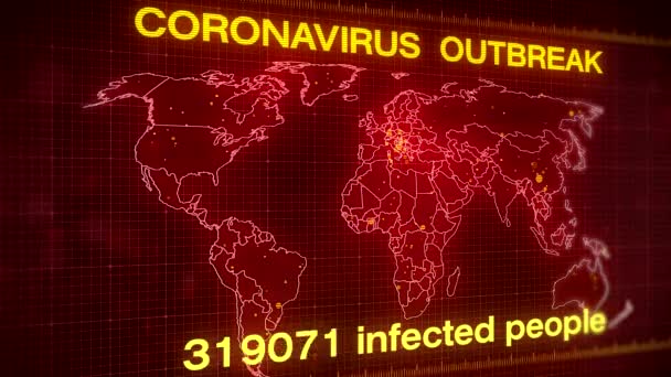 一张世界地图的视频动画 显示了感染人数众多的考罗那韦尔斯病毒的爆发 — 图库视频影像