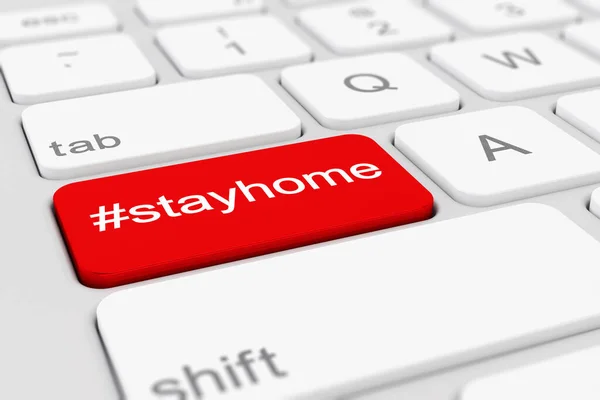 Render Keyboard Dengan Kunci Merah Dan Pesan Hashtag Tetap Rumah — Stok Foto
