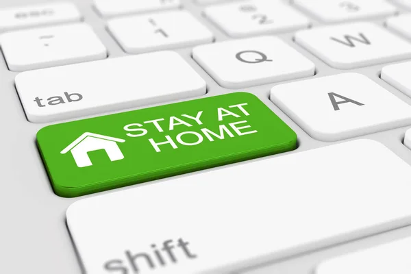 緑のキーとメッセージが自宅に滞在するキーボードの3Dレンダリング コロナウイルス — ストック写真
