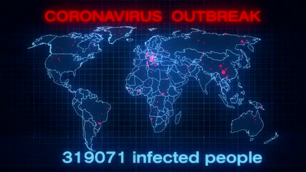 Видеоанимация Карты Мира Показывающая Вспышку Коронавируса Числом Инфицированных Экран — стоковое видео