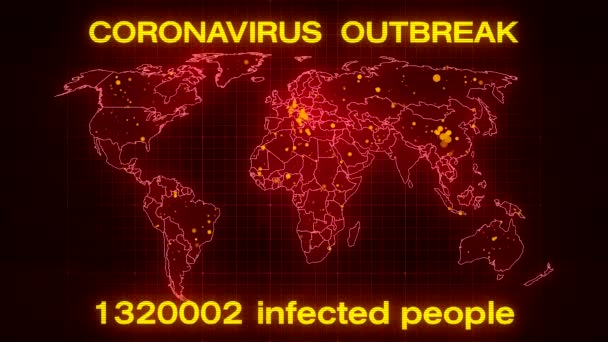 Видеоанимация Карты Мира Показывающая Вспышку Коронавируса Числом Инфицированных Экран — стоковое видео